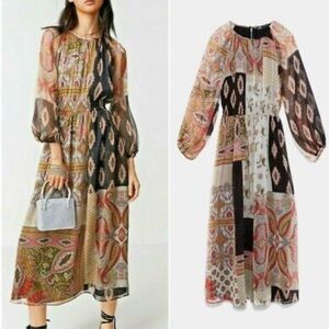ZARA Midi Kleid Paisley Prairie Cottagecore Boho Chiffon Print Dress XS